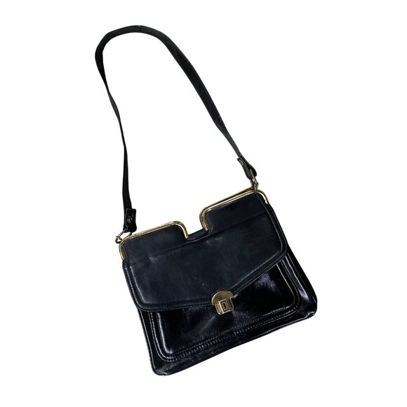 Vintage Purse 1960s Black Vinyl Shoulder Bag Mid Century Retro Bag As Is - Picture 1 of 14